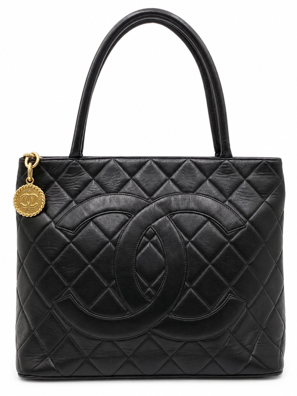CHANEL Black Quilted Leather Tote with Gold CC Medallion